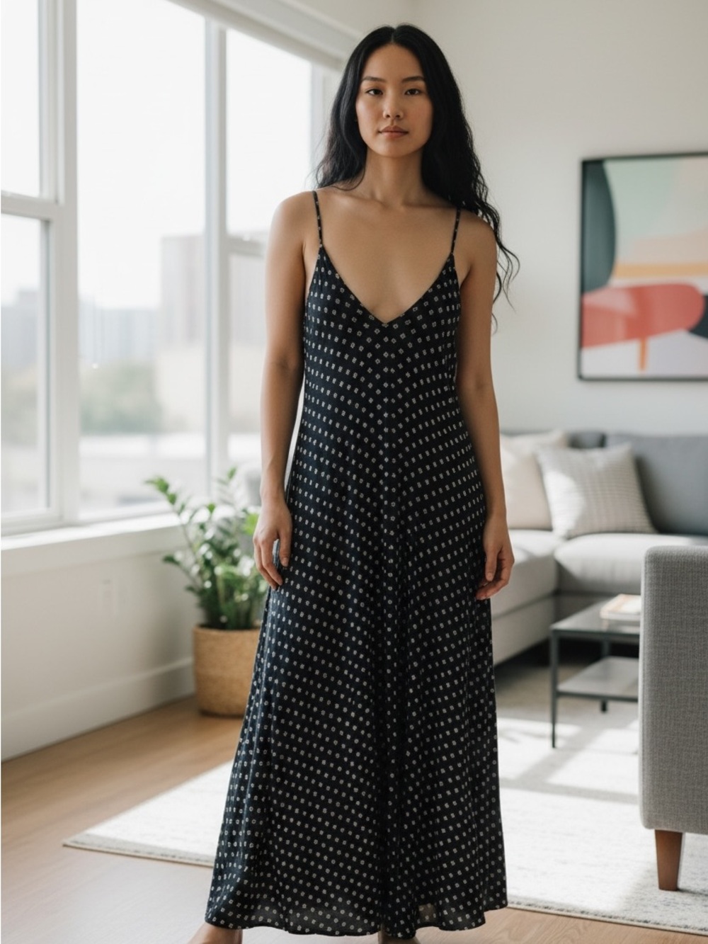 Lulu's Black Printed Spaghetti-Strap Maxi Dress